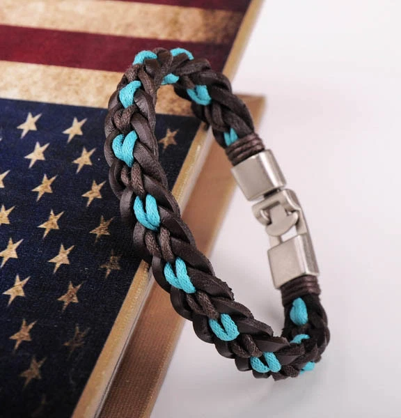 JG446 Pulsera Brazalete Brazalete Brazalete Hombre Cáñamo y Cuero Trenzado Roca Plata Nuevo L Foto 1 de 4