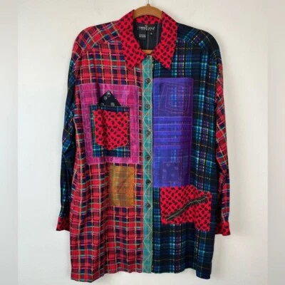 Vintage Carole Little SPORT Patchwork Colorful Button Up Shirt 6 Plaid Cottage - Image 1 of 4