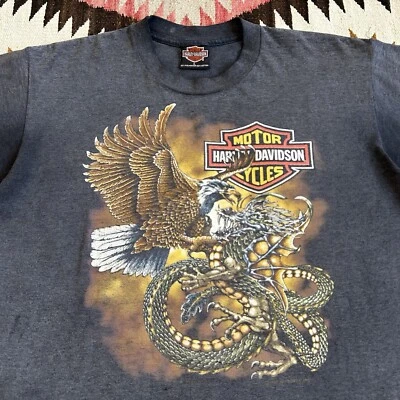 Vintage 80s Harley Davidson Eagle Vs Dragon Tshirt Sz L - Faded Black - Image 1 of 4