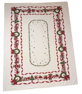 Vintage Printed Tablecloth Red Holiday Christmas Rectangle Cotton MCM Retro - Picture 1 of 12
