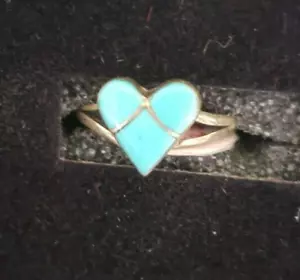 Vintage Handmade Sterling Silver Turquoise Heart Ring Size 6, 5 ,4,3 - Picture 1 of 3