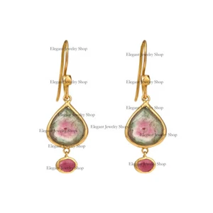 Watermelon Tourmaline & Ruby Gemstone Earrings 14k Yellow Gold Fine Jewelry   - Picture 1 of 4