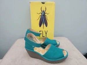 Fly London Teal Blue Ankle Strap Wedge Sandals Perforated Leather 39 8-8.5 - Picture 1 of 8