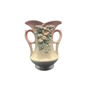 Rumpf Keramik Wildblume W-6-71/2 Vase rosa grün Blumen Doppelgriff Vintage USA - Bild 1 von 10