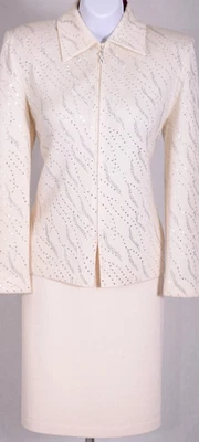 ST.JOHN Women's Cream Silver Sequins Studs Rhinestone Zip Jacket Skirt Sz 10 - Image 1 of 4