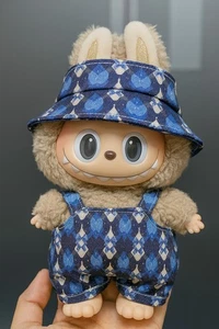 Blue Diamond Pattern Overalls & Bucket Hat Outfit Set Stylish Design for Labubu - Picture 1 of 1