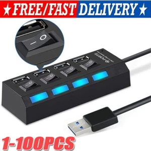 USB Hub 7 Port On/Off Switch High Speed Splitter AC Adapter Cable PC Laptop Lot - Picture 1 of 27