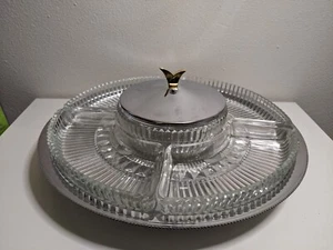 Bandeja giratoria de fiesta cromada y vidrio vintage Kromex Lazy Susan 7 piezas - Imagen 1 de 6