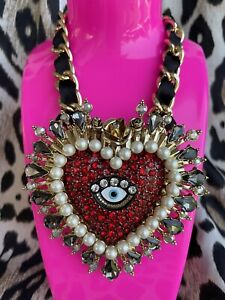 Betsey Johnson Rockin Riches HUGE Red Crystal Heart Rose Pearl Evil Eye Necklace