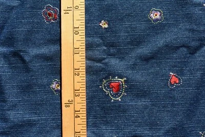EMBROIDERED HEARTS ON BLUE DENIM STRIPES  COTTON FABRIC  21X58 + INCHES REMNANT - Image 1 of 2