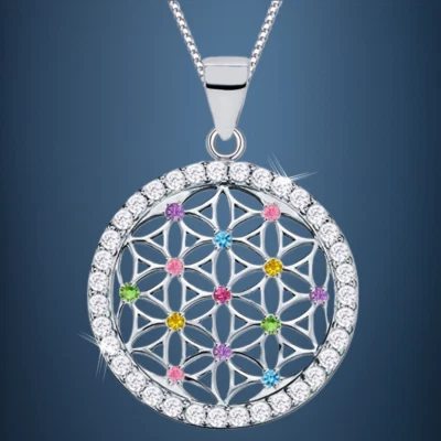 Lebensblume Hals-Kette Anhänger Zirkonia 925 Sterling-Silber Damen Bunt Rund - Bild 1 von 4