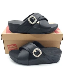 Fitflop Lulu Crystal-Buckle Black Leather Cross Slides Women's Size 38 US 7 - Picture 1 of 8