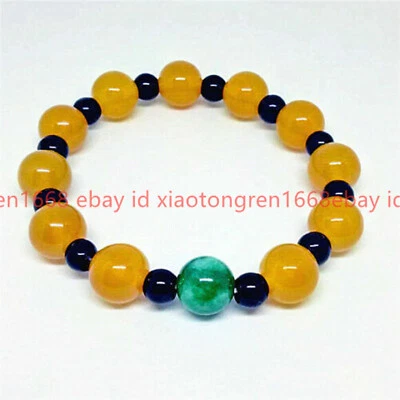 Pulsera de cuentas redondas gemas de jadeíta verde topacio amarillo de 10 mm de ágata negra de 6 mm 7,5" Foto 1 de 4