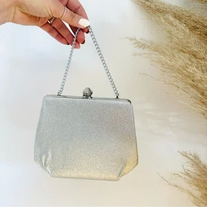 VINTAGE Silver Grey Sparkle Metallic Clutch Hook Clasp Snap Evening Bag Purse - Picture 1 of 14