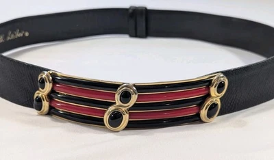 Cinturón de piel de serpiente vintage Judith Leiber 34" negro rojo hebilla de bisagra con joyas años 80 Foto 1 de 4