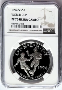 1994 S World Cup Soccer (Football) Commemorative Proof Silver Dollar NGC PF70 - Picture 1 of 2