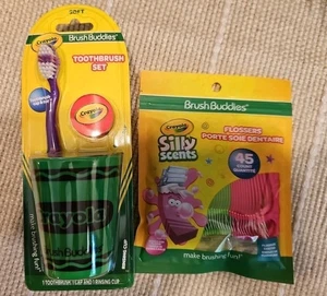 NEW Kid's Crayola BRUSH BUDDIES TOOTHBRUSH Green Cup Cap Bubble Gum FLOSSERS - Picture 1 of 6