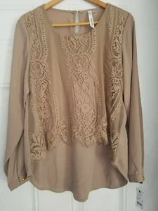 Women's NY Collection Beige Lace Sheer Overlay Silky Lightweight Flowy Blouse L - Picture 1 of 12