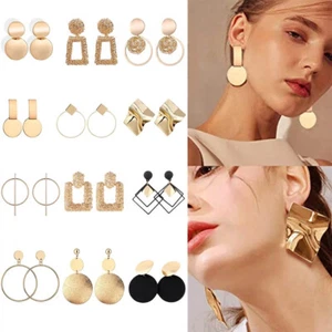 Statement Dangle Earrings for Women Gold Metallic Geometric Drop Hoop Earrings - Picture 1 of 24