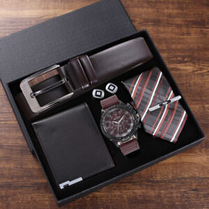 Men's Watch  Leather Belt Wallet Tie Cufflinks Birthday Business Set Gift Box