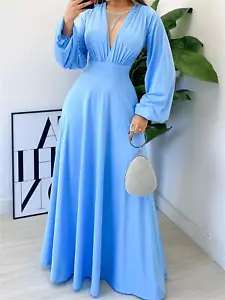 Women’s Sky Blue Deep V-Neck Maxi Dress | Long Sleeve Formal Gown Elegant Flowy - Picture 1 of 6