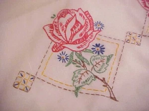 VINTAGE HAND EMBROIDERED PILLOWCASE, RED ROSES DESIGN, CROCHET - Picture 1 of 5