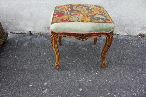 French Louis Style Carved Vanity Bench with Needlepoint Over Fabric Cover