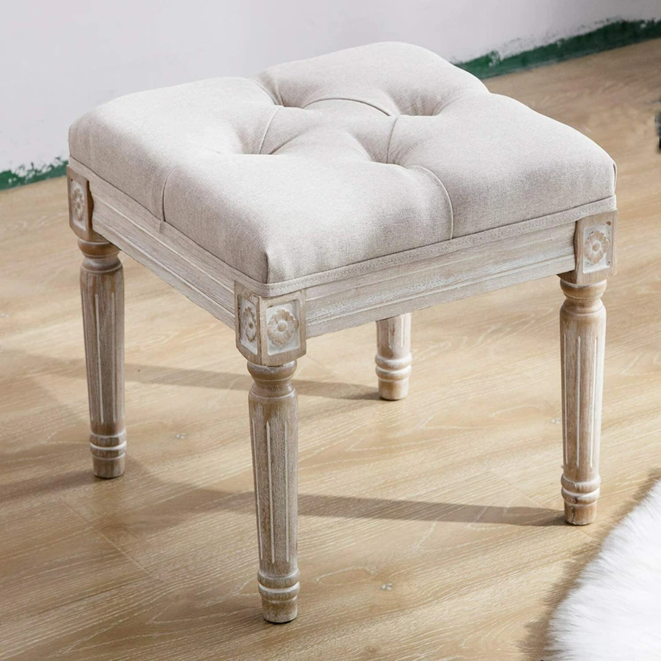 Chairus Square Fabric Tufted Ottoman Bench Stool Rustic wood legs - Image 1 of 4