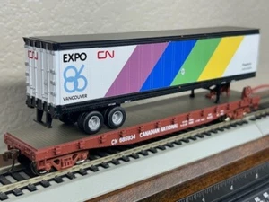 CANADIAN NATIONAL - 59ft FLAT CAR w/ 45 ft TRAILER - EXPO 86 - HO Scale NEW RTR - Picture 1 of 11