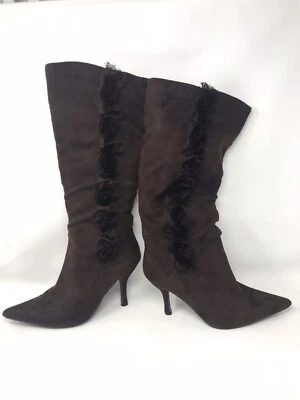 Wild Diva Mujer 18" Alto Bota Punta EE. UU. 10 Marrón Cuero Becerro Cremallera Alta con Rosa Foto 1 de 4