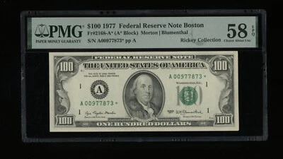 DBR 1977 $100 FRN Boston STAR Fr. 2168-A* PMG 58 EPQ Serial A00977873* - Image 1 of 2