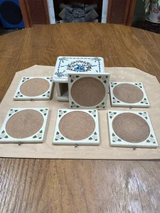 Vtg Hand Painted Wooden Coaster Set Cork Inserts Cabinet And 6 Coasters *READ* - Picture 1 of 10