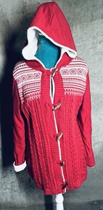 L.L.Bean Red Nordic Fair Isle Toggle Hooded Sweater Women Gr. M Sherpa Lined - Bild 1 von 9