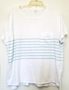 Old Navy T Shirt Women XL White Blue Stripe Pocket 100% Cotton Side Slit Breaths - Picture 1 of 9