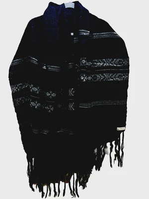 Vintage Boho Wrap Black Silver Shawl Fringe Tassel Southwestern Serape Western - Image 1 of 3