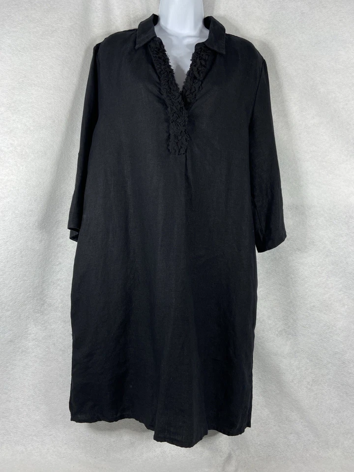 Vestido Camisa Chico’s Mujer’s 3 US 16 Negro 100% Lino Mangas 3/4 Cuello Volantes Foto 1 de 4