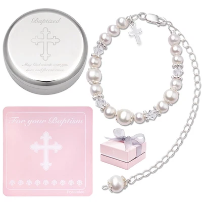 Baptism Bracelet in Sterling Silver and Cultured Pearls for Baby Girls, with Sil - Image 1 of 4