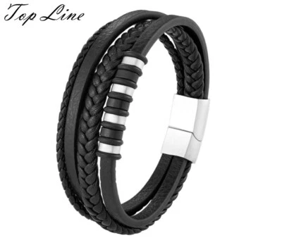 Brazalete de cuero genuino trenzado negro barra plateada acero inoxidable para hombre niño 8" Foto 1 de 3