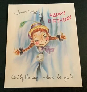 VTG Doehla Fine Arts Birthday Card Pippi Longstocking Type Girl Freckles Braids - Picture 1 of 3