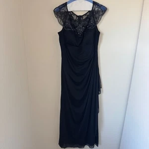 Xscape Dress Women's Size 14 Navy Blue Formal Sleeveless Ruched Beaded Gown - Picture 1 of 8