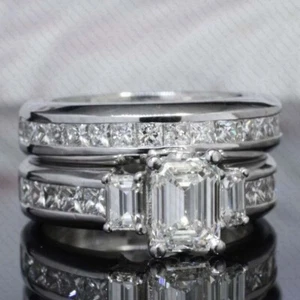 3 kt Smaragdschliff Moissanit Damen Hochzeit Braut Set Ring 14 Karat Weißgold plattiert - Bild 1 von 11