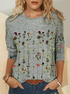 Women Gray Floral Print Crew Neck T-Shirt Casual Long Sleeve Top Clothing New - Picture 1 of 5