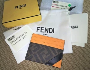 Auténtico estuche para tarjetas de lona/cuero FENDI 'FF Logo Diagonal' para hombre Brn/Org ¡NUEVO CON ETIQUETAS! - Imagen 1 de 24