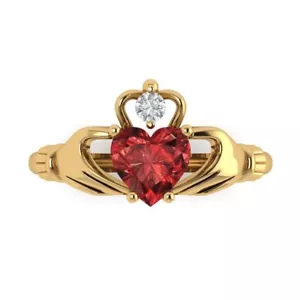 1.55 ct Heart Irish Celtic Claddagh Red Garnet Modern Ring Solid 14k Yellow Gold - Picture 1 of 11