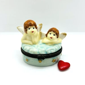 Porcelain Hinged Trinket Box Two Angels W/Wings and Heart Trinket - Picture 1 of 9