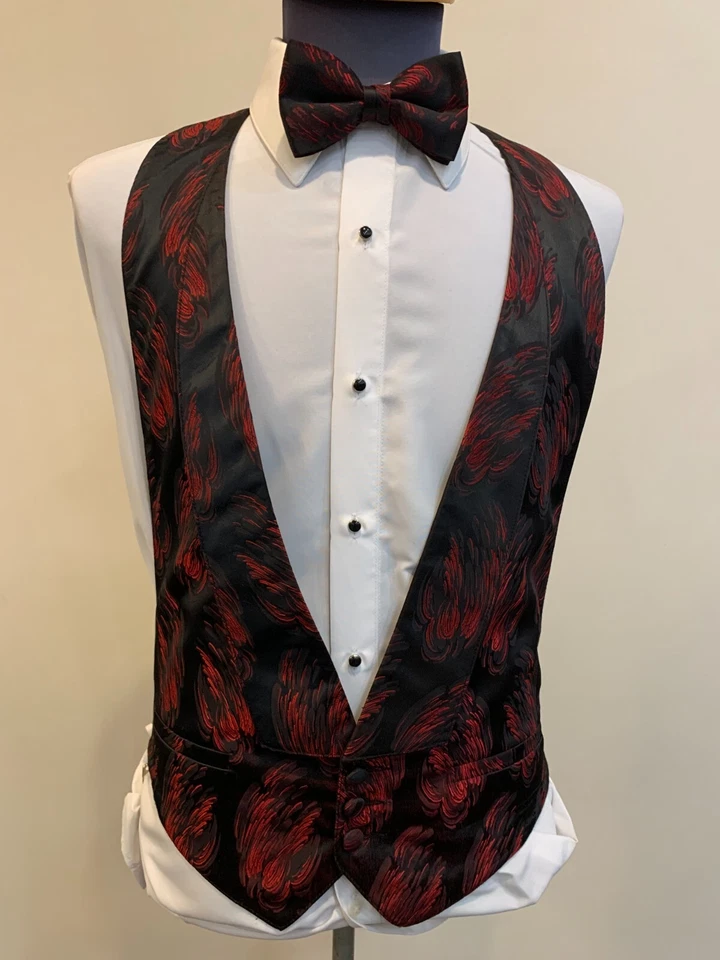 BLACK Formal Vest and Bow Tie with RED Brush Strokes -3 button adjustable -EUC - Image 1 of 4