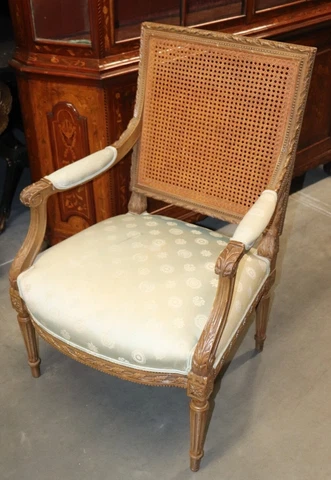 French Carved Walnut Cane Back Louis XVI Armchair Circa 1950 Cover