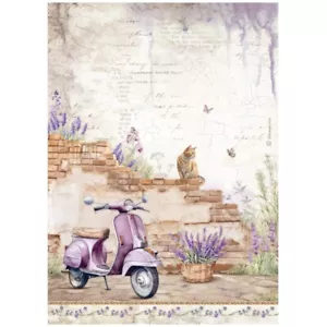 Stamperia A4 PAPEL ARROZ - LAVANDA - VESPA, pared ladrillo, gato - Imagen 1 de 1