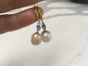 Baroque Australian pearl diamond 18K Gold earrings Drop Dangle Pink Cream White - Picture 1 of 6