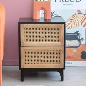 FUIN Nightstands 2-Drawer Woven Cane Front Wood Pine Rectangle in Black+ Brown - Picture 1 of 9